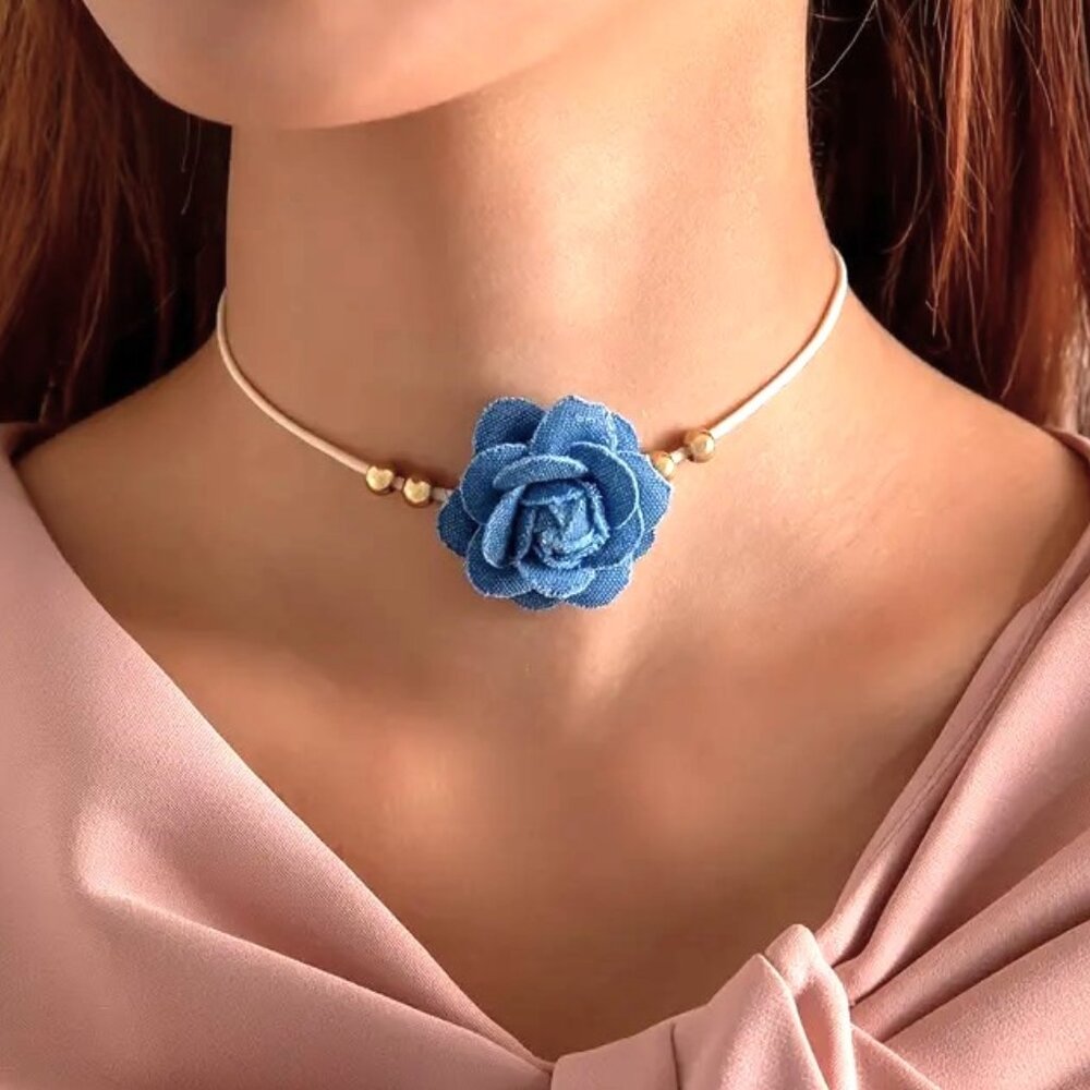 Choker Necklace Denim Rose Flower Sexy Collar Beads Stylish Trendy Boho Fun Glam